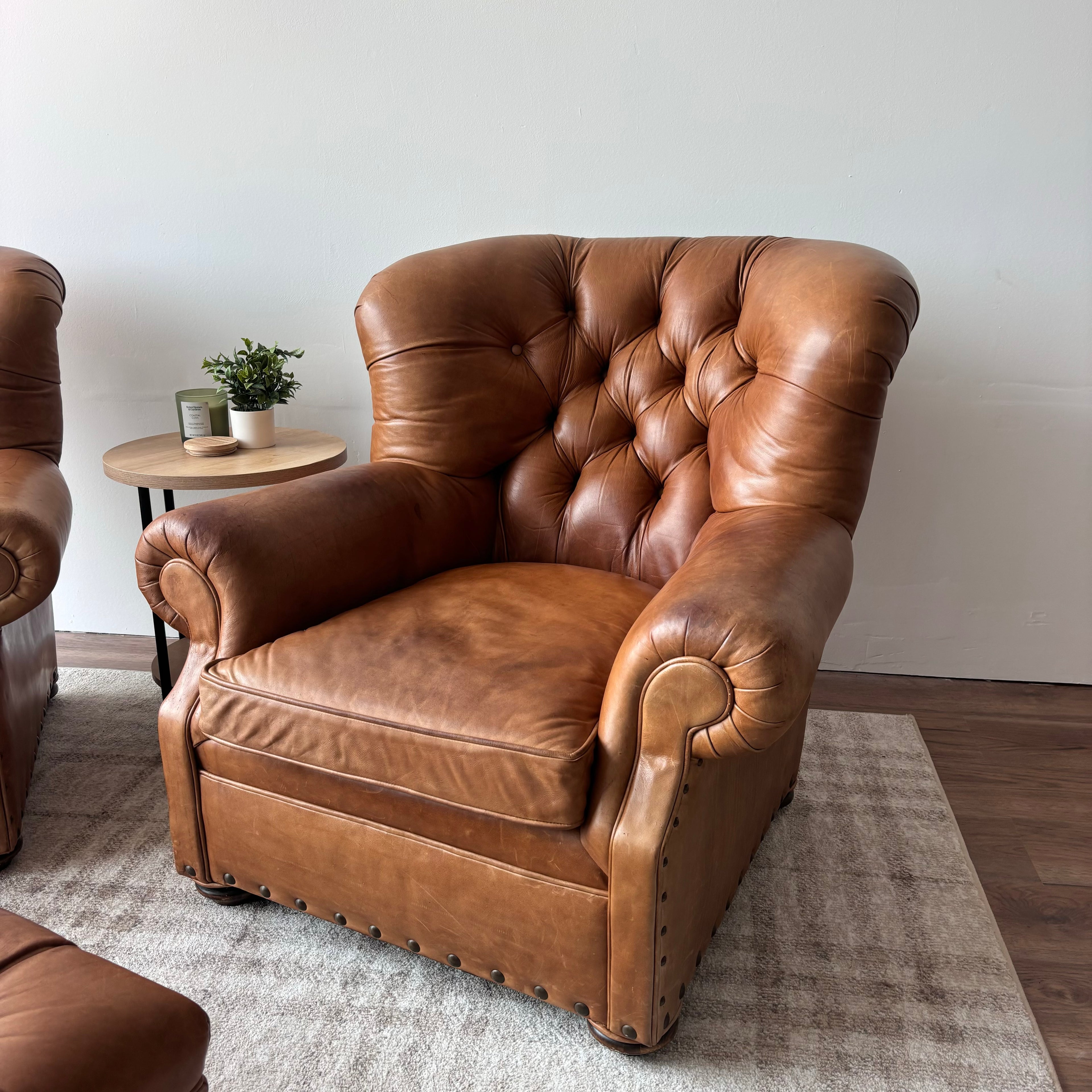 Restoration Hardware Churchill Chairs & Ottoman — Brown Leather