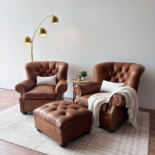 Restoration Hardware Churchill Chairs & Ottoman — Brown Leather