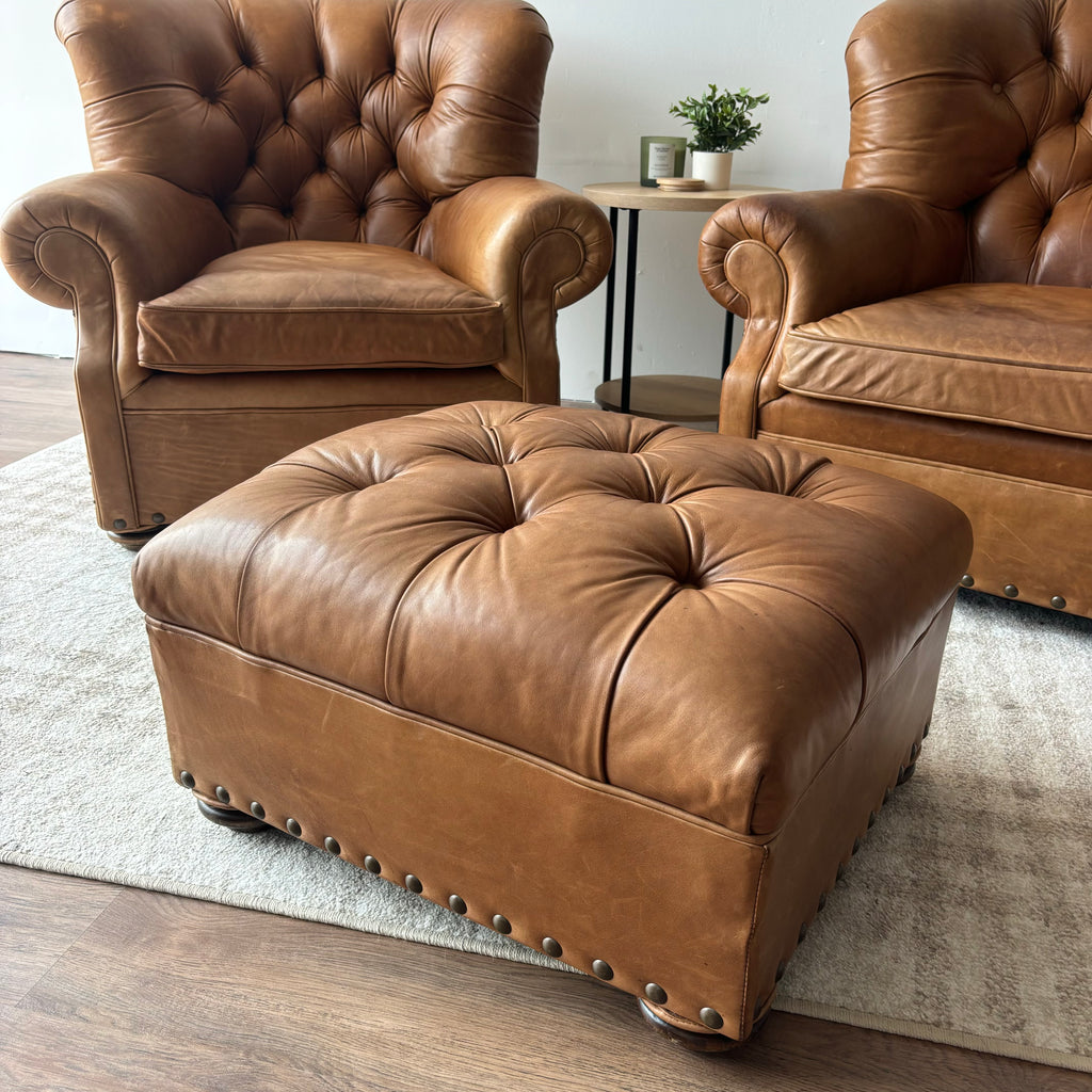Restoration Hardware Churchill Chairs & Ottoman — Brown Leather