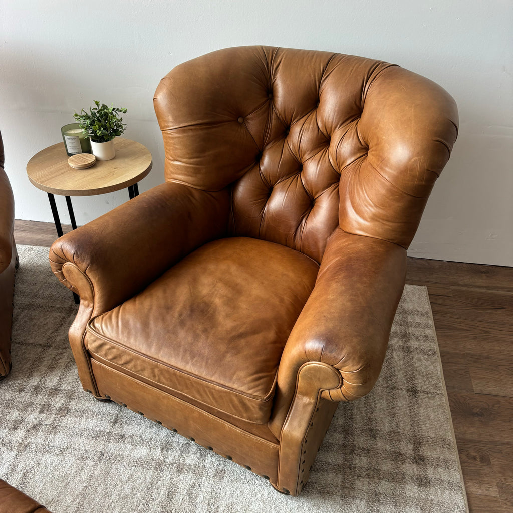 Restoration Hardware Churchill Chairs & Ottoman — Brown Leather