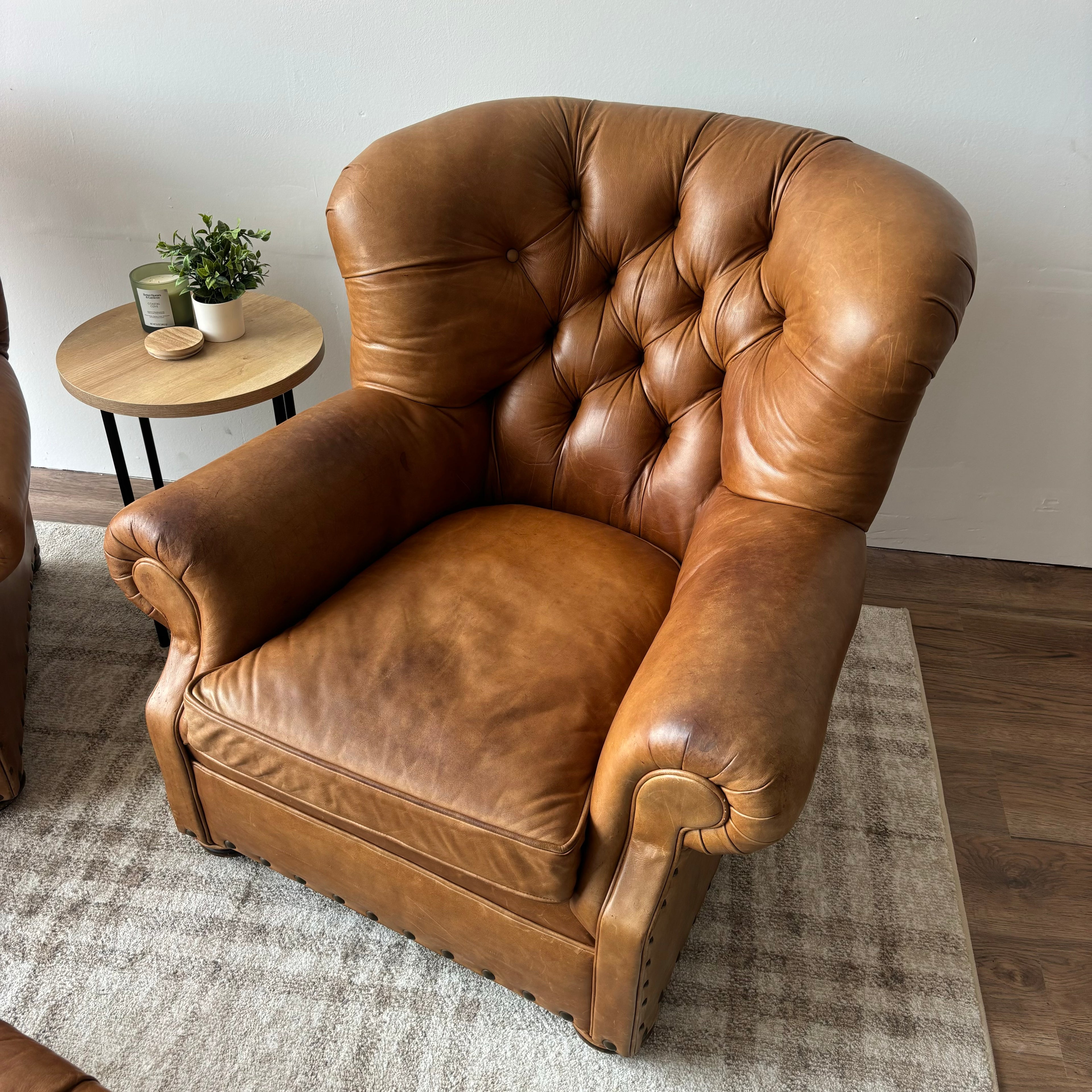 Restoration Hardware Churchill Chairs & Ottoman — Brown Leather