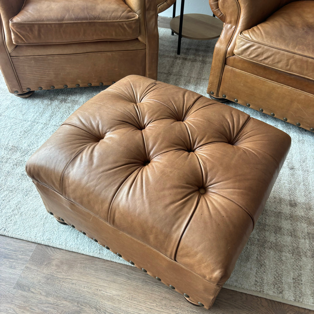 Restoration Hardware Churchill Chairs & Ottoman — Brown Leather