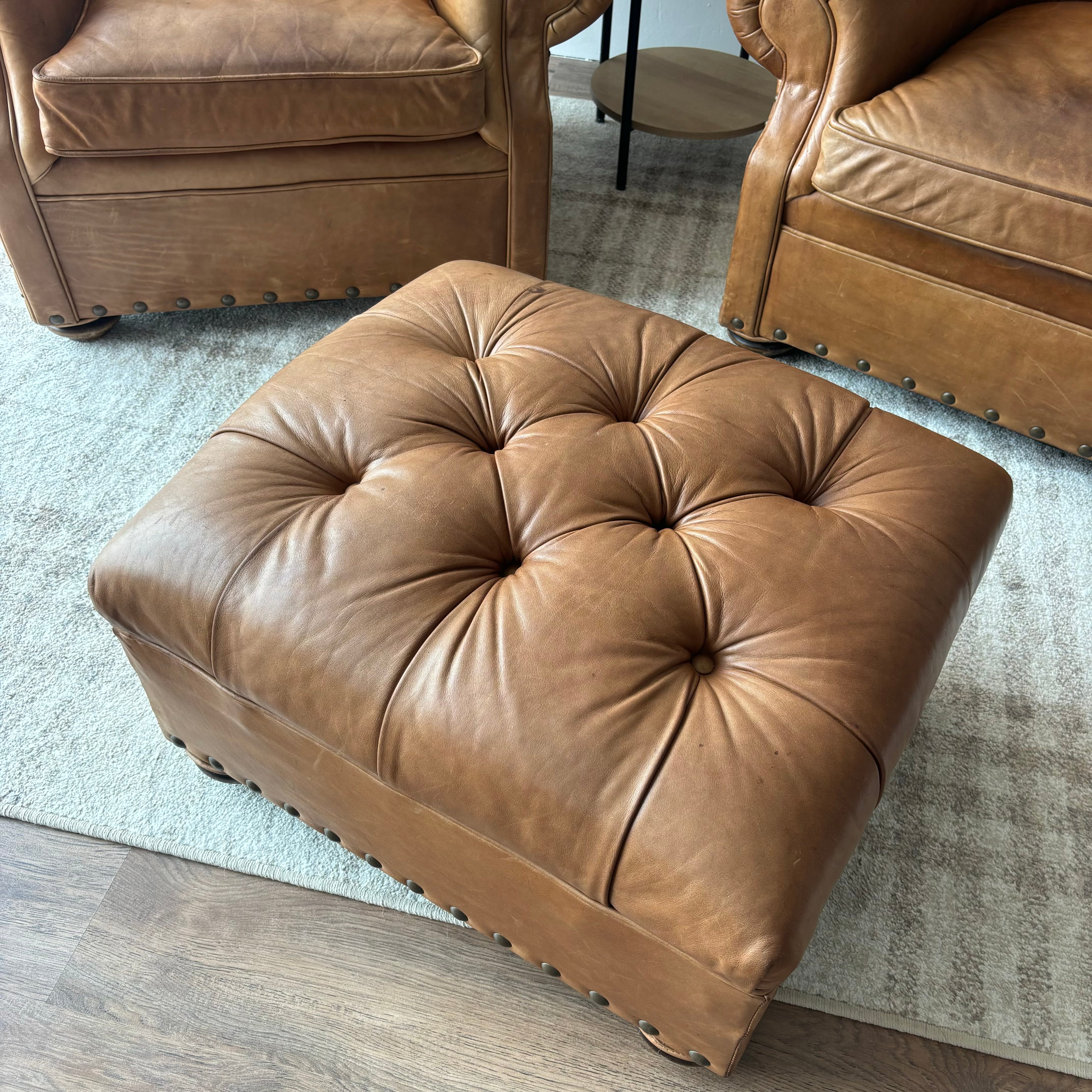 Restoration Hardware Churchill Chairs & Ottoman — Brown Leather