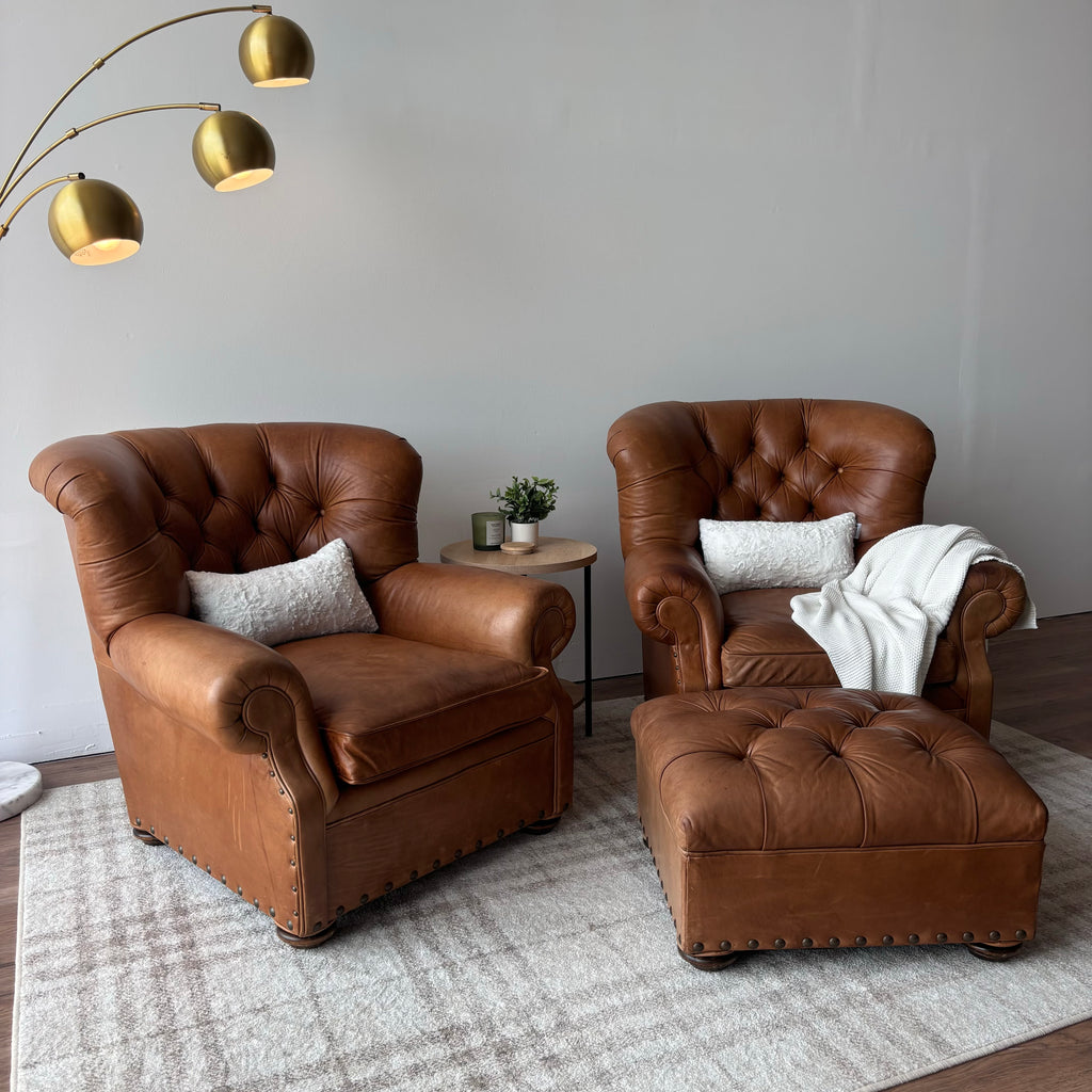 Restoration Hardware Churchill Chairs & Ottoman — Brown Leather
