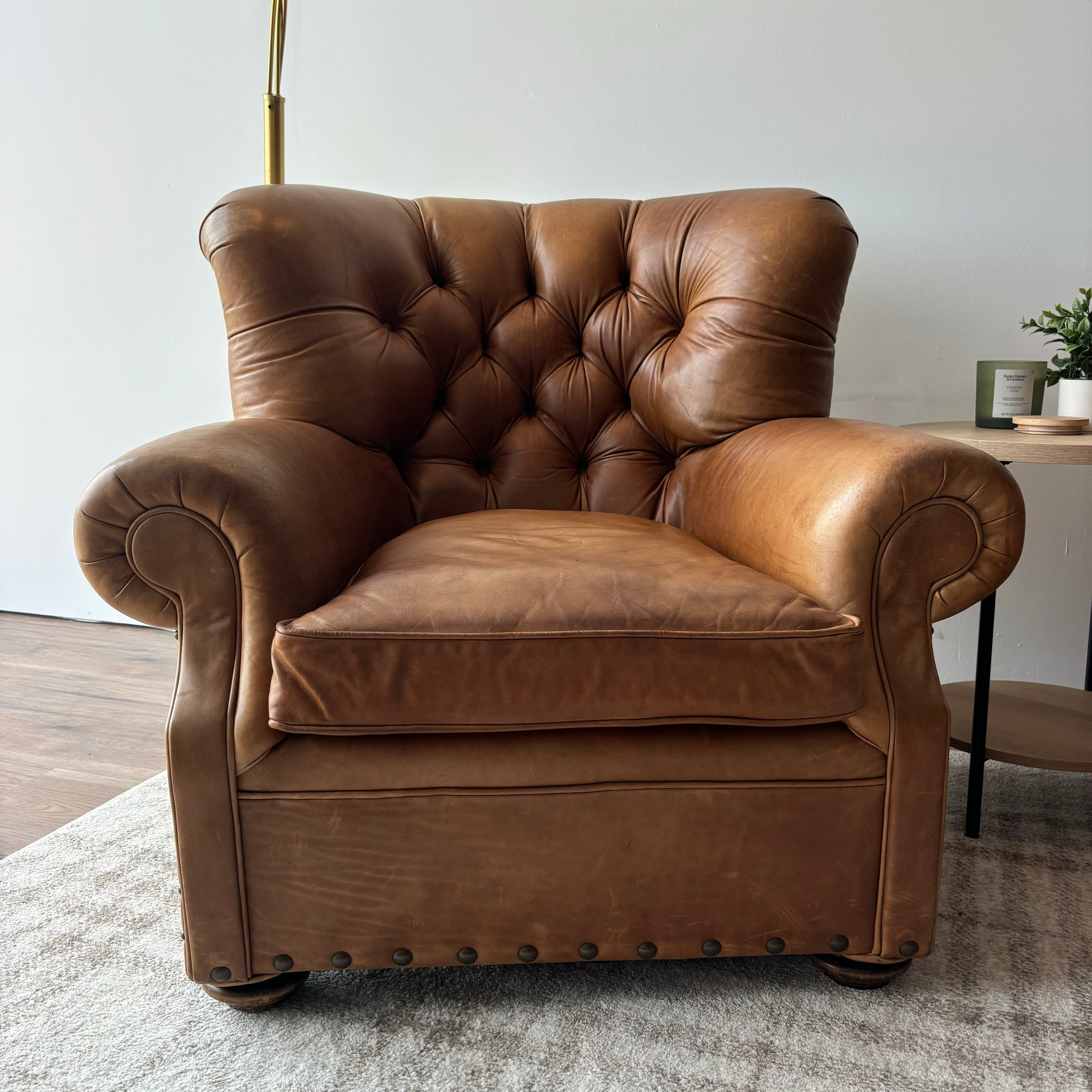 Restoration Hardware Churchill Chairs & Ottoman — Brown Leather