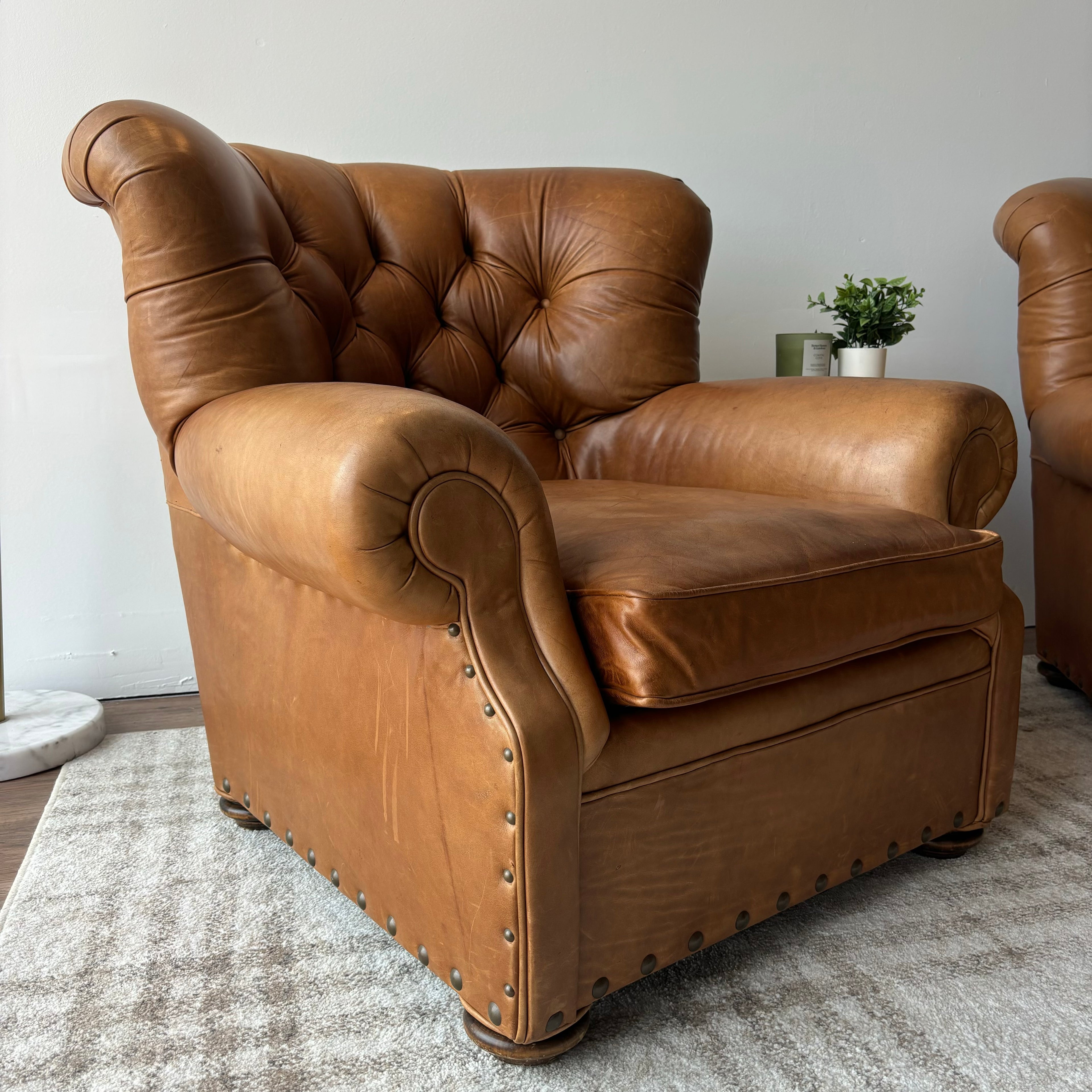 Restoration Hardware Churchill Chairs & Ottoman — Brown Leather