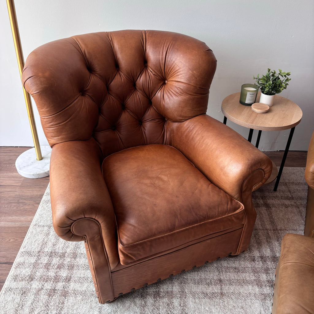 Restoration Hardware Churchill Chairs & Ottoman — Brown Leather