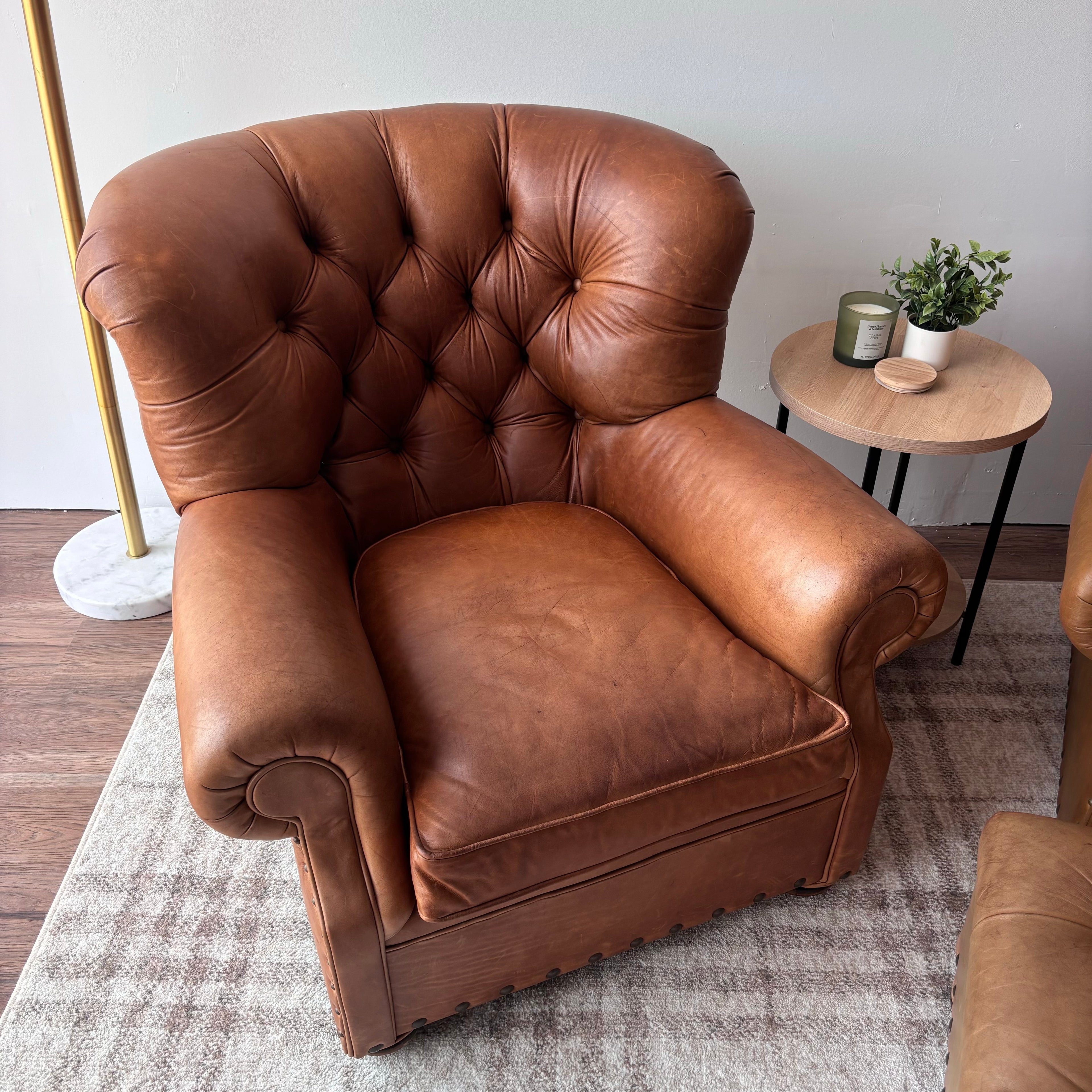 Restoration Hardware Churchill Chairs & Ottoman — Brown Leather